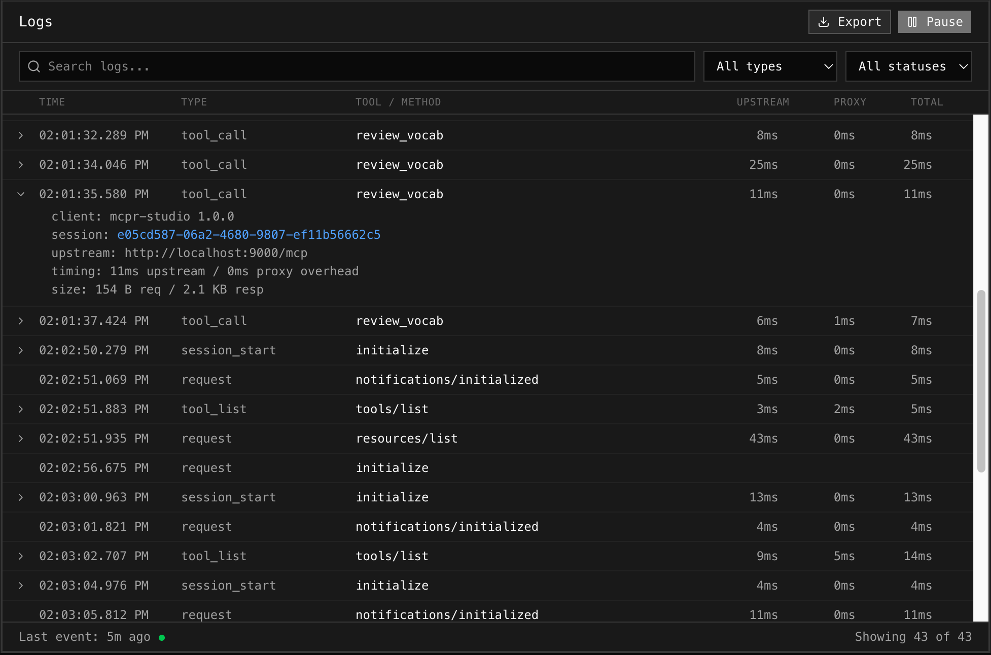 Event Log showing live stream with expanded row displaying error details, timing, and sizes