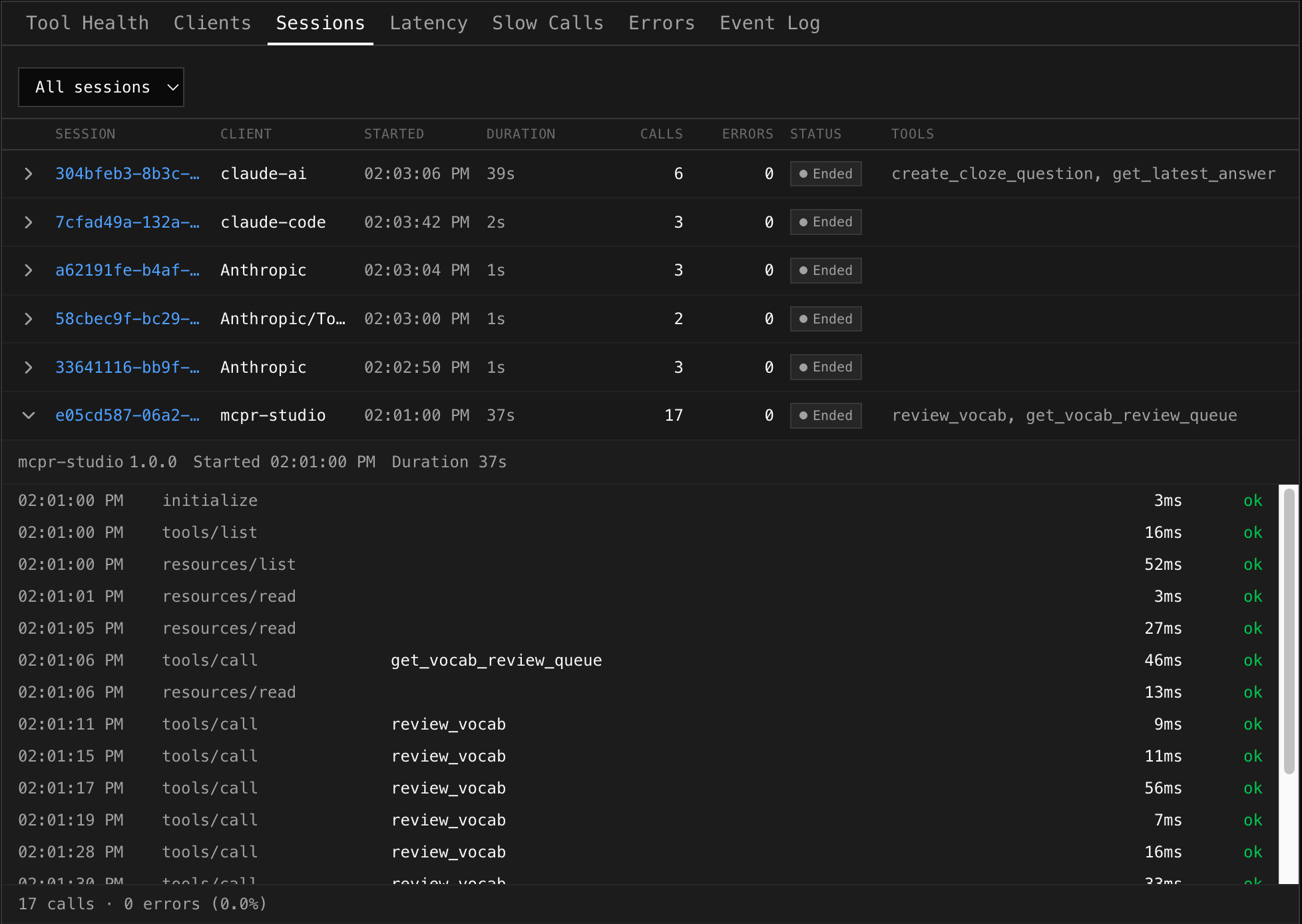 Expanded MCP session showing chronological event timeline with timing and status