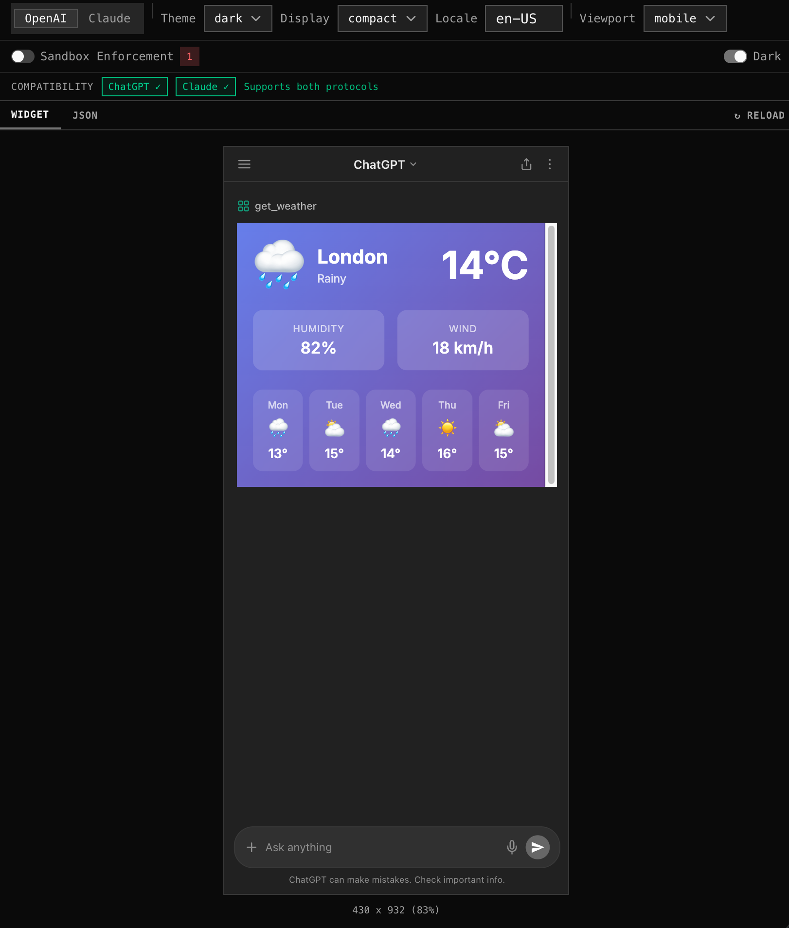 Studio widget preview with sandboxed iframe rendering