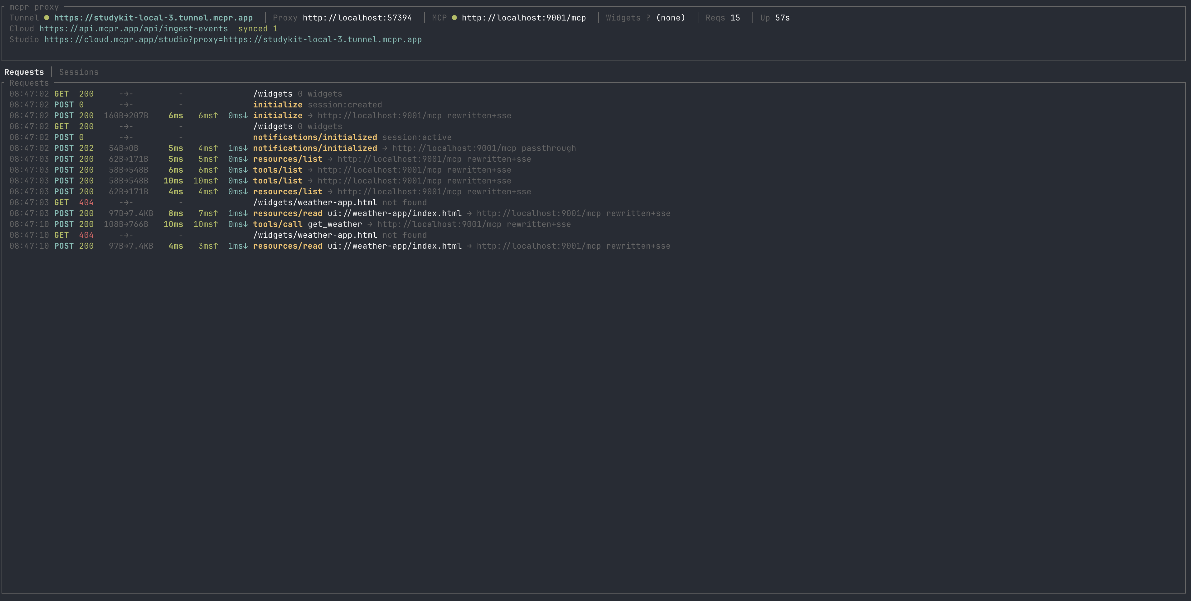 mcpr TUI dashboard showing proxied MCP requests with tool names and latency